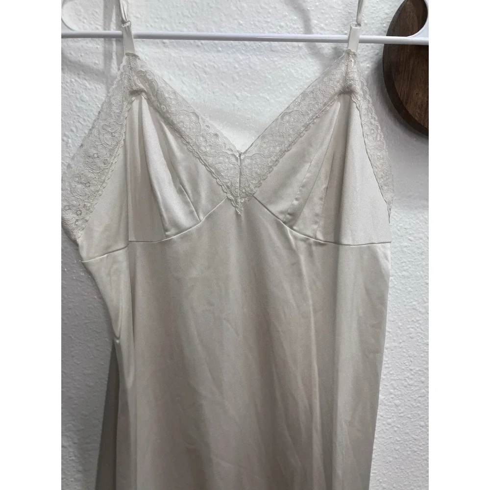 Vintage Ivory Silky Full Slip Dress Midi Size Small Lace Adjustable Straps